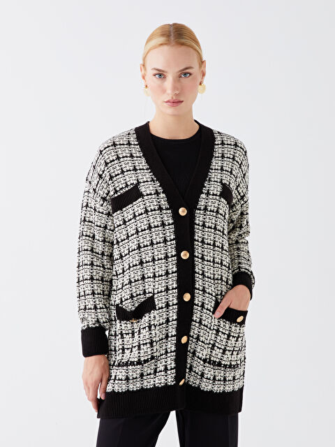 LCWAIKIKI Basic V Yaka Desenli Kadın Triko Hırka - W3DL33Z8-MHS