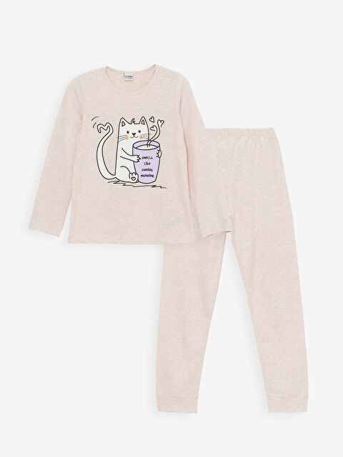 LCW Kids Crew Neck Printed Long Sleeve Girls' Pyjama Set - W3DL91Z4-DMF