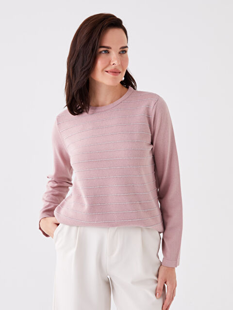 LCW Grace Bisiklet Yaka Çizgili Uzun Kollu Kadın Triko Kazak - W3DM82Z8-GDY