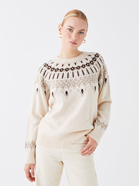 LCWAIKIKI Basic Bisiklet Yaka Desenli Uzun Kollu Kadın Triko Kazak - W3DO31Z8-KXQ