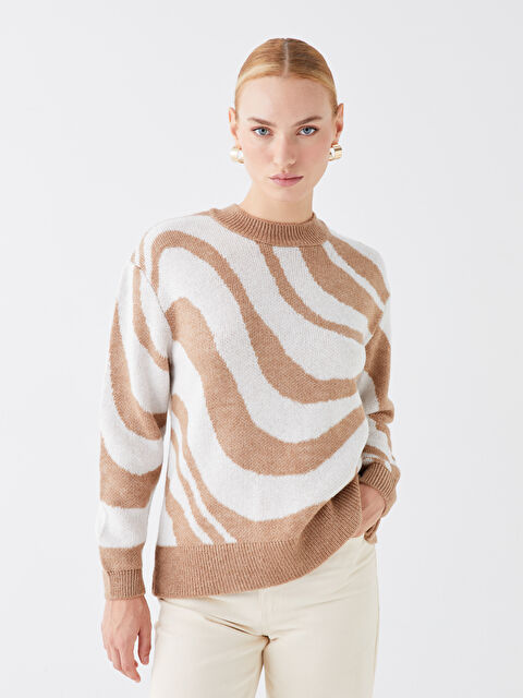 LCWAIKIKI Basic Bisiklet Yaka Desenli Oversize Kadın Triko Kazak - W3DO32Z8-MXN