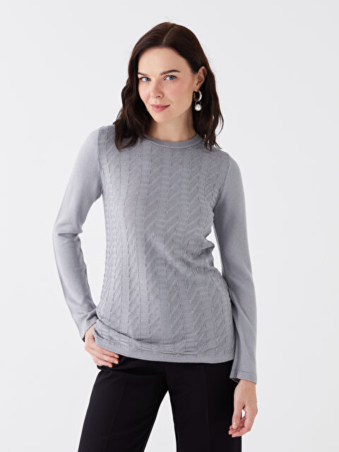 LCW Grace Bisiklet Yaka Kendinden Desenli Uzun Kollu Kadın Triko Kazak - W3DP19Z8-VC5