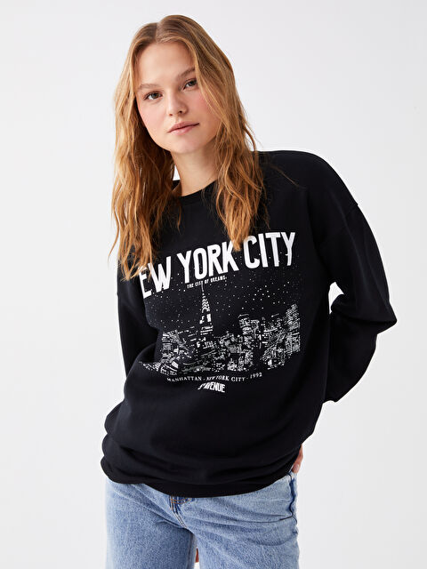 LCW Vision Bisiklet Yaka Baskılı Oversize Kadın Kalın Sweatshirt - W3DP22Z8-CVL