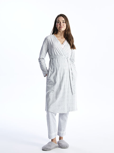 LCW DREAM Şal Yaka Çizgili Uzun Kollu Hamile Sabahlık - W3DQ01Z8-LRA