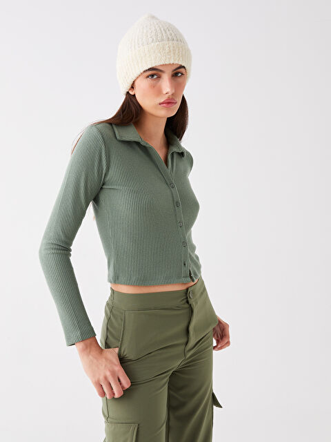 LCW Vision Polo Yaka Düz Uzun Kollu Crop Kadın Bluz - W3DQ49Z8-VHK