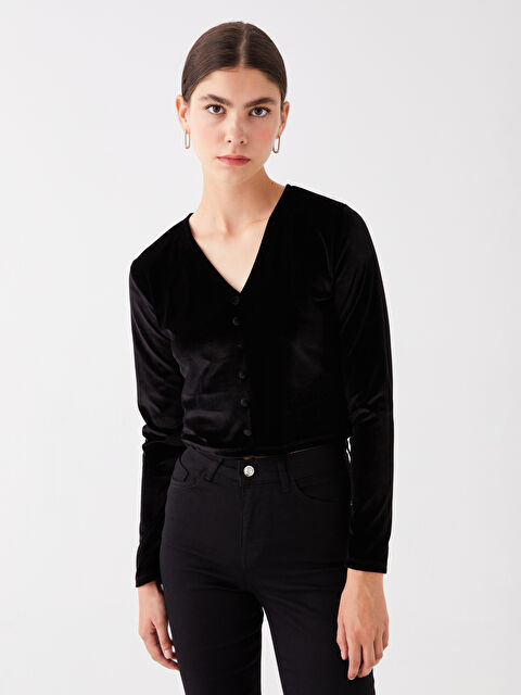 LCW Vision V Yaka Düz Uzun Kollu Kadife Kadın Bluz - W3DQ66Z8-CVL