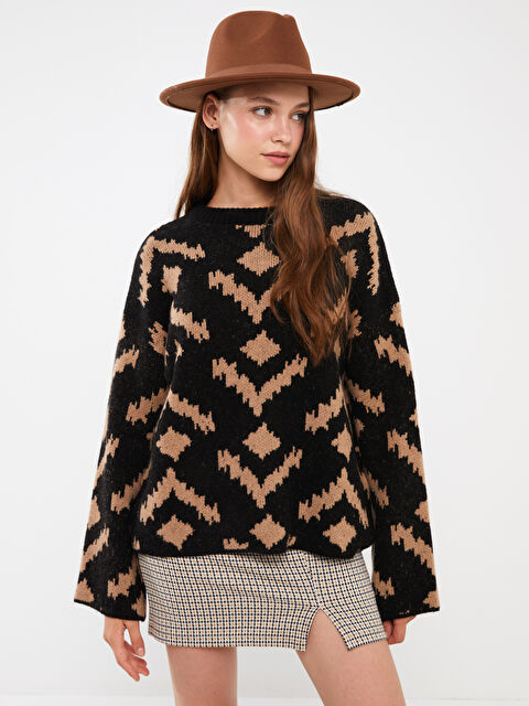 LCW Vision Bisiklet Yaka Desenli Oversize Kadın Triko Kazak - W3DV08Z8-RQN