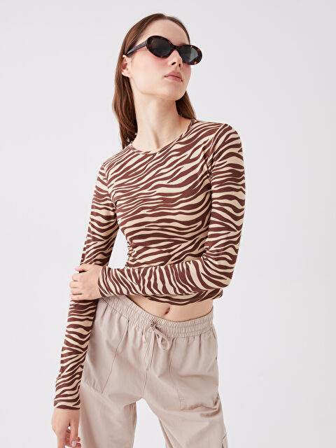 LCW Vision Bisiklet Yaka Baskılı Uzun Kollu Kadın Crop - W3DY66Z8-LQY