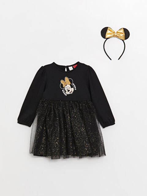 LCW baby Crew Neck Long Sleeved Minnie Mouse Printed Baby Girl Dress and Crown 2 Piece Set - W3EC32Z1-CVL