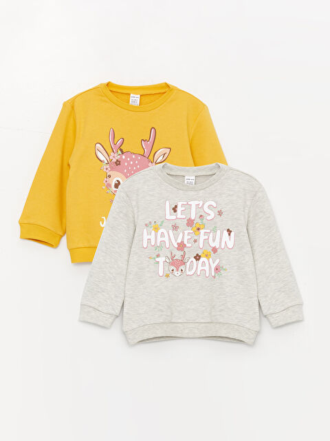 LCW baby كنزة رياضية بطبعة برقبة دائرية وكم طويل للبنات الرضع - عبوتان - W3EO29Z1-G4Y