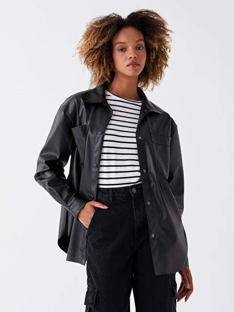 XSIDE Düz Uzun Kollu Deri Görünümlü Kadın Gömlek Ceket - W3ER24Z8-CVL