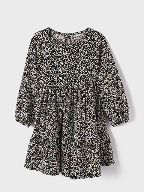 LCW Kids فستان للبنات بياقة دائرية منقوش كم طويل - W3EV96Z4-LRB