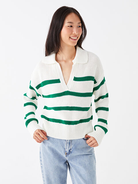 LCW Vision Polo Yaka Çizgili Uzun Kollu Kadın Triko Kazak - W3FA57Z8-R9J