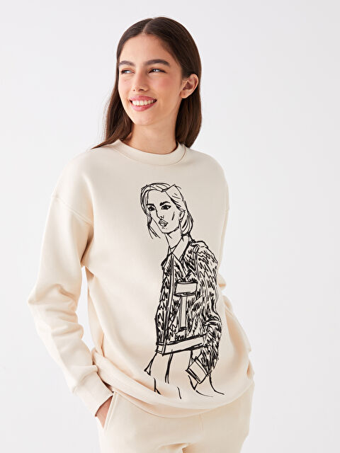 LCW Vision Bisiklet Yaka Baskılı Kadın Kalın Sweatshirt - W3FG48Z8-FF7