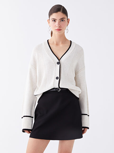 LCW Vision V Yaka Oversize Kadın Triko Hırka - W3FM31Z8-DN5