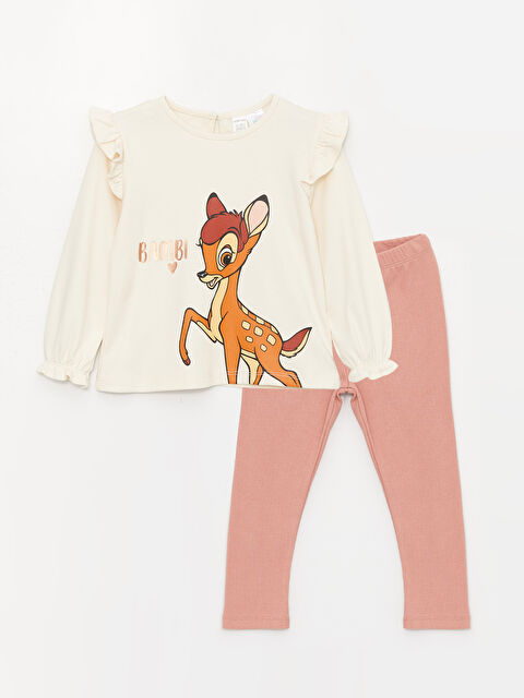 LCW baby Bisiklet Yaka Bambi Baskılı Kız Bebek Tişört ve Tayt 2'li Takım - W3FO58Z1-FRC