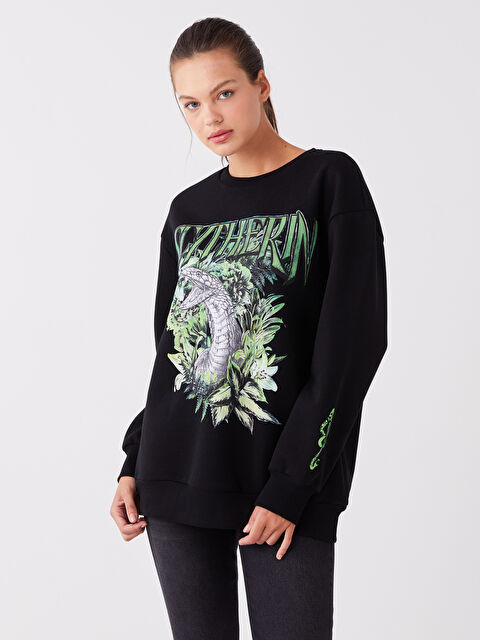 XSIDE Bisiklet Yaka Baskılı Oversize Kadın Kalın Sweatshirt - W3FQ75Z8-CVL