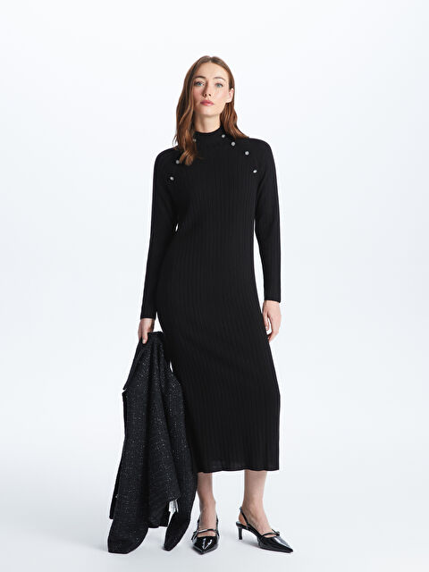 LCWAIKIKI Classic Dik Yaka Taş İşlemeli Uzun Kollu Kadın Triko Elbise - W3FU29Z8-CVL