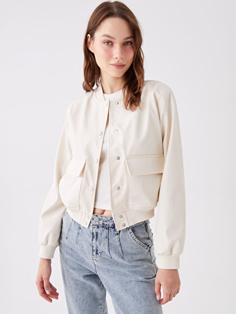 LCW Vision Kolej Yaka Düz Uzun Kollu Kadın Şişme Mont - W3FY07Z8-JRB