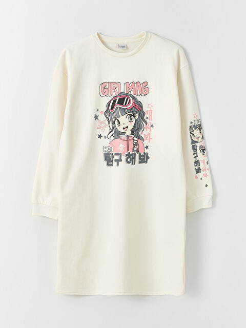 LCW Kids Bisiklet Yaka Baskılı Uzun Kollu Kız Çocuk Elbise