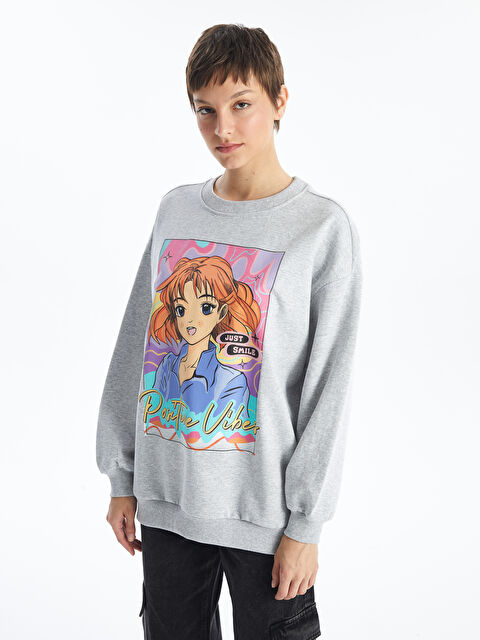 LCW Vision Bisiklet Yaka Baskılı Uzun Kollu Oversize Kadın Sweatshirt - W3G082Z8-CY9