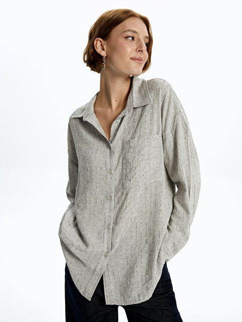 LCW Vision Çizgili Uzun Kollu Oversize Kadın Gömlek - W3G897Z8-LAM