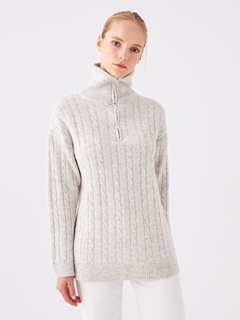 LCW Modest Dik Yaka Kendinden Desenli Kadın Triko Kazak - W3GE30Z8-V8T