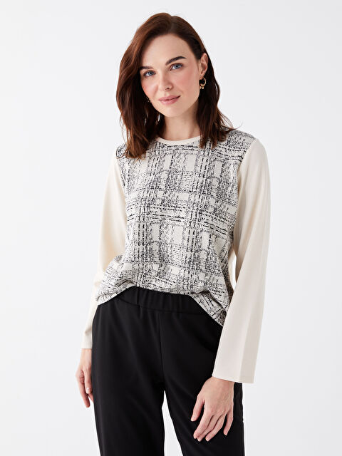 LCW Grace Bisiklet Yaka Desenli Uzun Kollu Kadın Tişört - W3GF20Z8-FWM