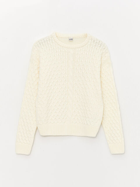 LCW Kids كنزة صوفية تريكو بناتي برقبة دائرية ونقشة مضفرة وكم طويل - W3GL23Z4-L9Y