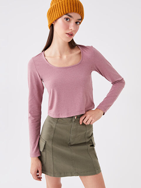 LCW ECO U Yaka Düz Uzun Kollu Kadın Crop - W3GO46Z8-VKU