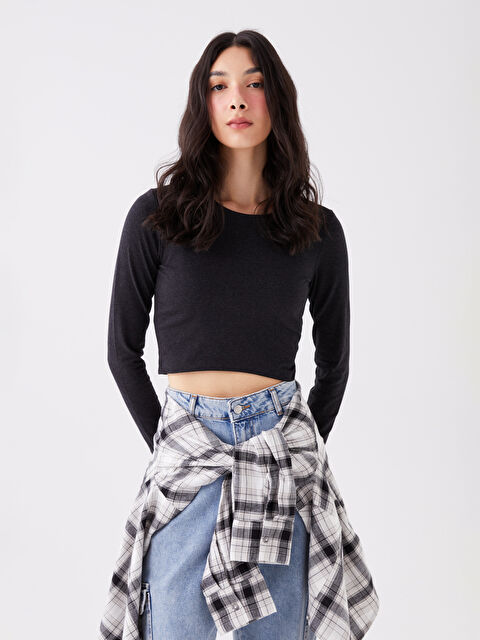 LCW ECO Bisiklet Yaka Düz Uzun Kollu Kadın Crop - W3GO49Z8-D3A