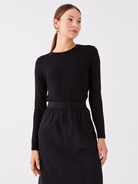 LCWAIKIKI Basic Bisiklet Yaka Düz Uzun Kollu Kadın Tişört - W3GV01Z8-CVL