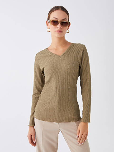 LCWAIKIKI Basic V Yaka Düz Uzun Kollu Kadın Bluz - W3H137Z8-GW9