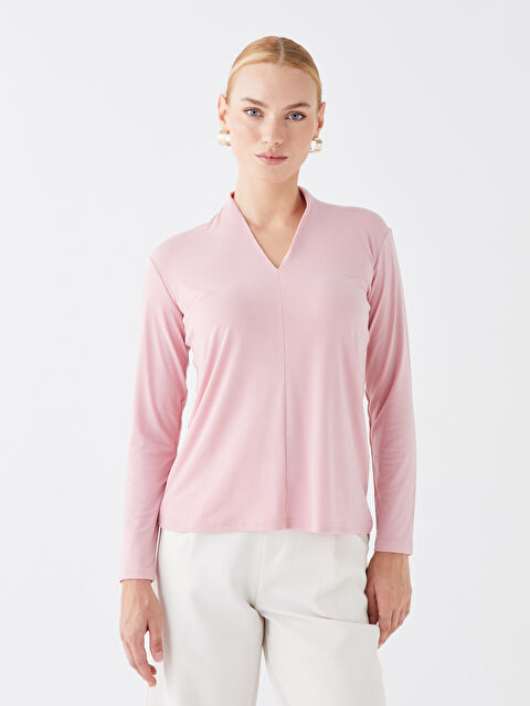 LCWAIKIKI Basic V Yaka Düz Uzun Kollu Kadın Bluz - W3H139Z8-FHR