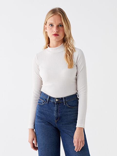 LCWAIKIKI Basic Dik Yaka Düz Uzun Kollu Kadın Tişört - W3H140Z8-FX7