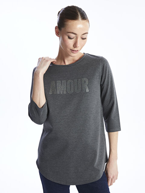 LCWAIKIKI Classic Bisiklet Yaka Parlak Taşlı Kadın Tişört - W3H246Z8-D3A