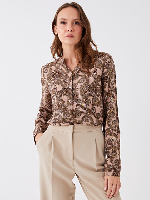 LCW Grace Kaçık Yaka Desenli Uzun Kollu Kadın Bluz - W3H434Z8-LQC