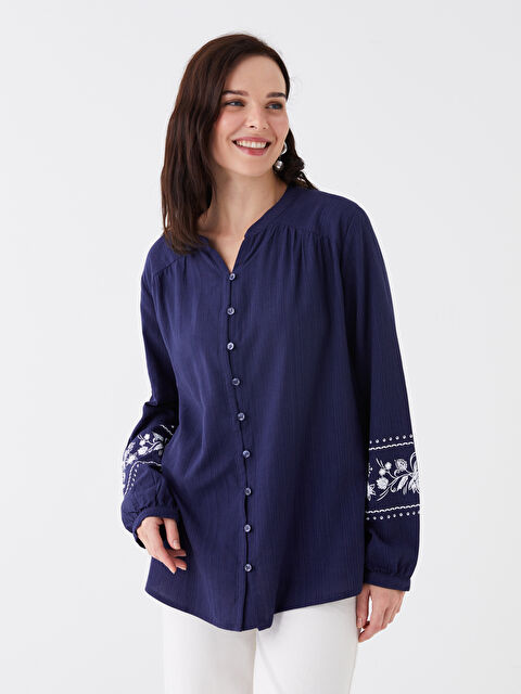 LCW Grace Kaçık Yaka Baskılı Uzun Kollu Keten Karışımlı Kadın Bluz - W3H438Z8-VJW