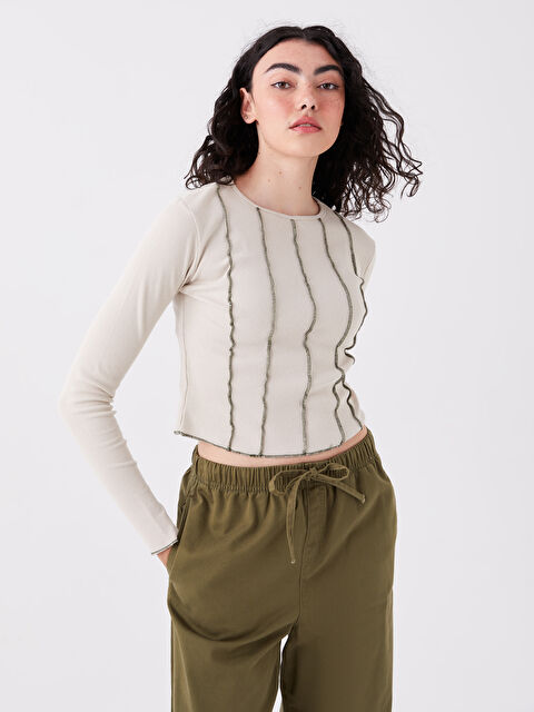 LCW Vision Bisiklet Yaka Çizgili Uzun Kollu Kadın Tişört - W3H484Z8-FZJ