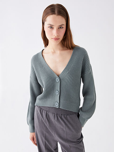 LCW Vision كارديجان تريكو نسائي بأكمام طويلة ونقشة ذاتية وفتحة رقبة على شكل حرف V - W3H649Z8-GBN