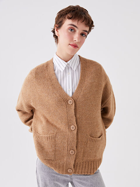 XSIDE V Yaka Oversize Kadın Triko Hırka - W3H724Z8-VJ4