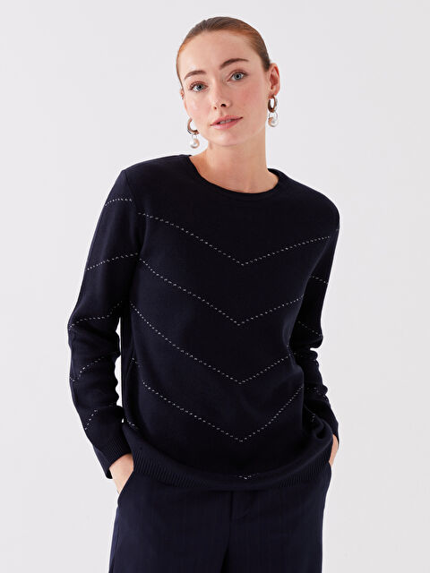 LCW Grace Bisiklet Yaka Desenli Uzun Kollu Kadın Triko Kazak - W3H988Z8-E1J