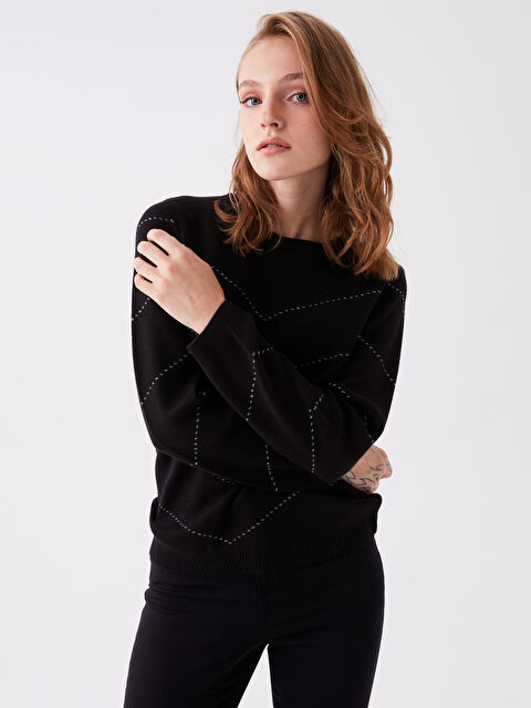 LCW Grace Bisiklet Yaka Desenli Uzun Kollu Kadın Triko Kazak - W3H988Z8-CVL