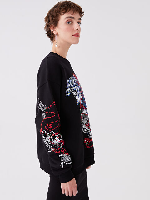 XSIDE Bisiklet Yaka Baskılı Oversize Kadın Kalın Sweatshirt - W3HA83Z8-CVL