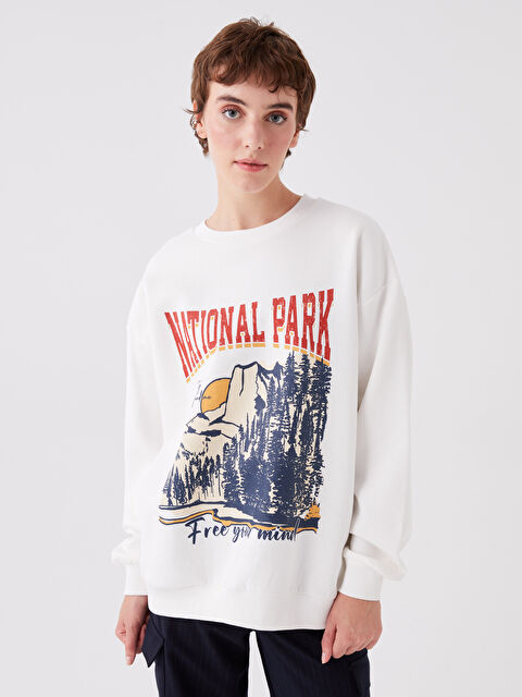 XSIDE Bisiklet Yaka Baskılı Oversize Kadın Kalın Sweatshirt - W3HA86Z8-RFC