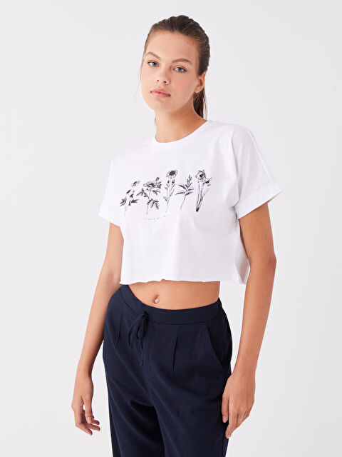 XSIDE Bisiklet Yaka Baskılı Kısa Kollu Kadın Crop - W3HC66Z8-Q6K