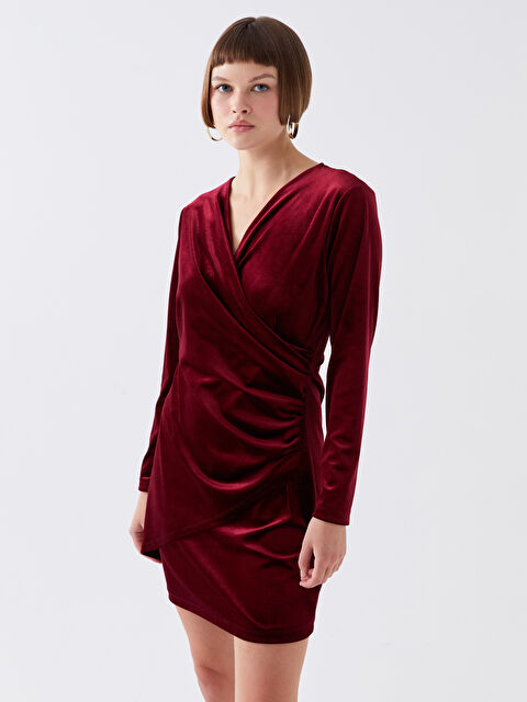 LCW Vision Kruvaze Yaka Deri Görünümlü Uzun Kollu Kadın Elbise - W3HD99Z8-R3J