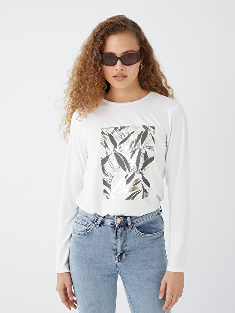 LCWAIKIKI Basic Bisiklet Yaka Baskılı Uzun Kollu Kadın Tişört - W3HE59Z8-R9J