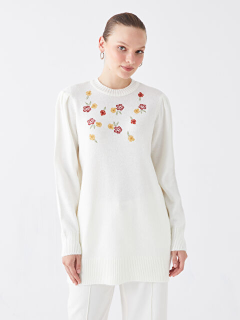 LCW Modest Bisiklet Yaka Nakışlı Uzun Kollu Kadın Triko Tunik - W3HF80Z8-MHK