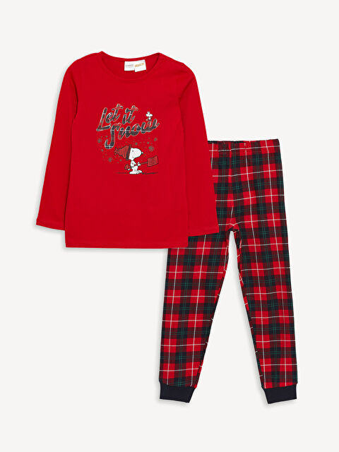LCW Kids Bisiklet Yaka Snoopy Baskılı Uzun Kollu Kız Çocuk Pijama Takımı - W3HG60Z4-GZL